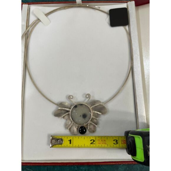 Artisan Sterling Silver Butterfly Necklace Druzy Quartz & Black Onyx – Statement - Picture 5 of 10